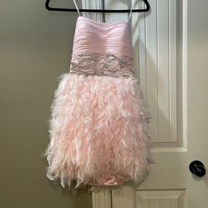 Pink feathered mini dress